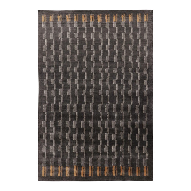 Rug & Kilim's Art Deco Style Rug in Mohair With Black & Gray Geometric Design For Sale