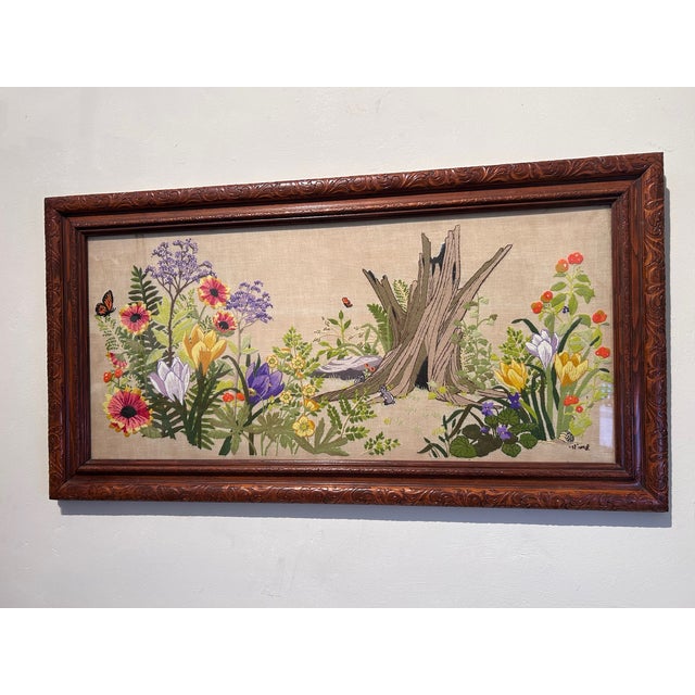 VTG 1970s Paragon Forest Reborn Crewel Framed Wow! Signed and Dated Embroidery For Sale - Image 4 of 7