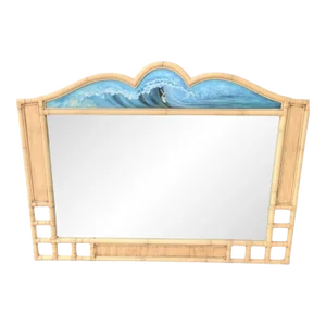 Custom Painted Surfer Wave Mural Extra Large Rattan Coastal Wall Mirror