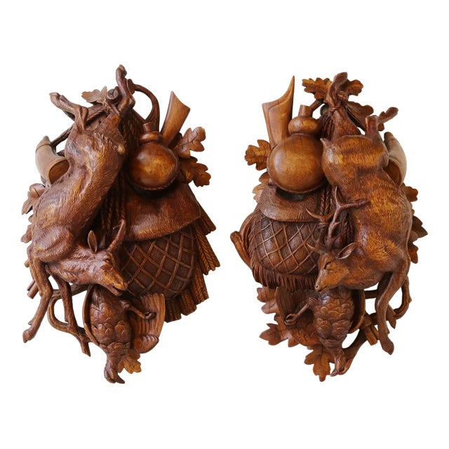 19th Century Swiss Carved Black Forest Trophy Plaques, 1880, Set of 2 For Sale