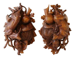 19th Century Swiss Carved Black Forest Trophy Plaques, 1880, Set of 2
