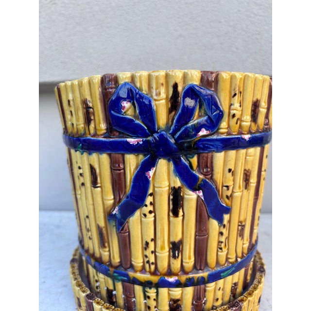 Victorian 19th Century Victorian Majolica Bamboo Cachepot Minton For Sale - Image 3 of 10