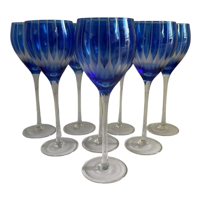 Vintage Blue Etched Crystal Stemware, Set of 8 For Sale