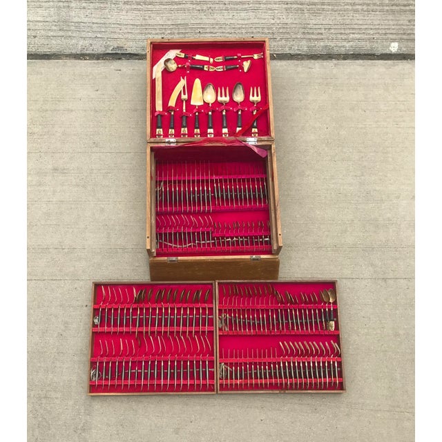 Mid-Century Modern 1950s Rosewood and Brass Siam Flatware Boxed Set - Service for 12, 144-Pieces For Sale - Image 3 of 12
