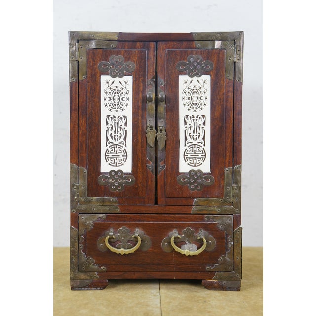 Mid 20th Century Mid 20th Century Chinese Rosewood & Brass Inlaid Locking Jewelry Box Tansu Cabinet 12" For Sale - Image 5 of 18