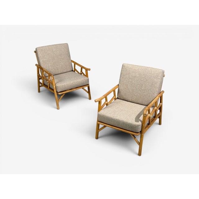 Ficks Reed, American Mid-Century Modern, Lounge Chairs, Bamboo, Cane, Beige Tweed, USA, 1950s Pair of bamboo lounge chairs...