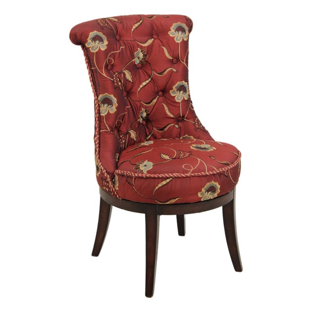 Silk Crewel Work Tufted Back Swivel Chair For Sale