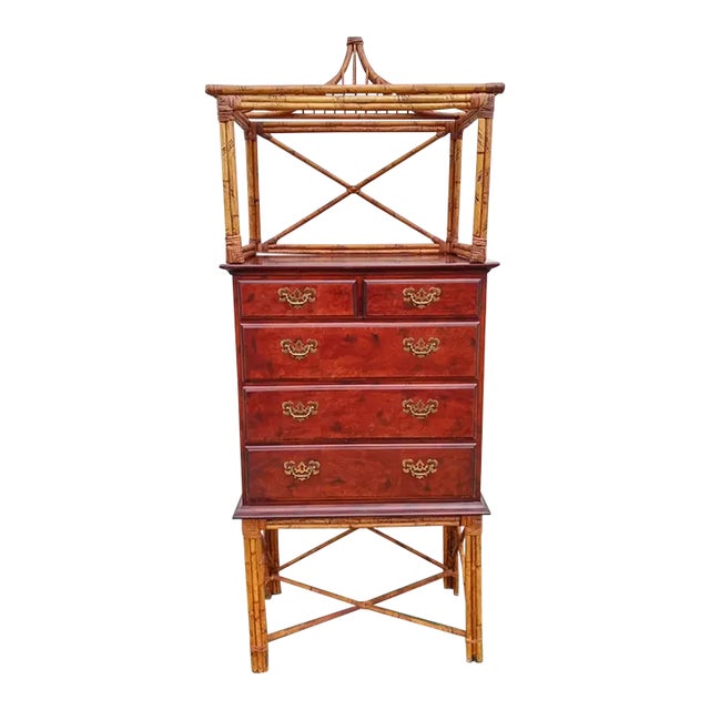 Vintage Bamboo Pagoda Top 5 Drawer Mahogany Chest of Drawers Dresser For Sale