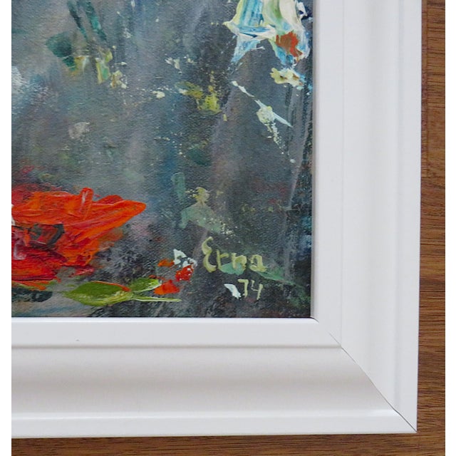 Original Still Life Acrylic Painting of Bouquet of Red Poppies Flowers Floral Signed Erna Freisinger Mid Century Modern For Sale - Image 4 of 6