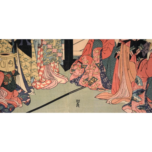 Cream "Toy Horse Dance" Japanese Woodblock Triptych With Beauties and Mt Fuji by Utagawa Toyohiro For Sale - Image 8 of 10