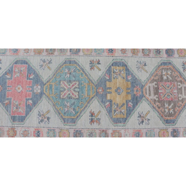 Colorful Modern Oushak Runner With Diamond Medallions and Multi-Tier Border For Sale - Image 10 of 12