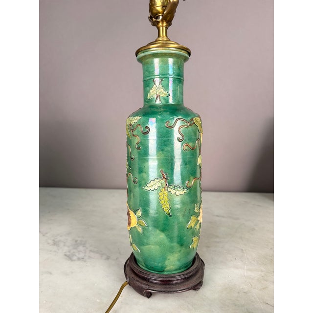 Green 19th Century Chinese Floral Relief Pottery Table Lamp For Sale - Image 8 of 9