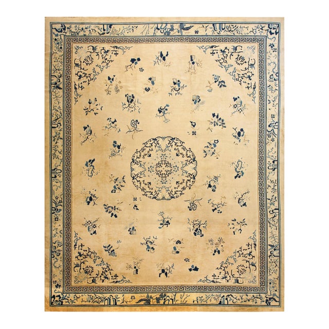 1890s Beige Floral Antique Chinese Peking Rug 11' 9" X 14' 8" Handknotted Wool Carpet For Sale