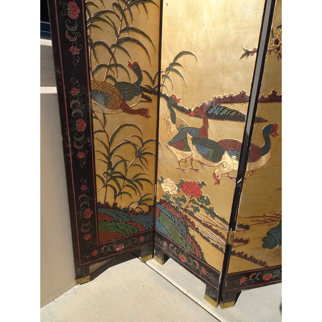 Oriental Asian Four Panel Screen Gold Chinoiserie Coromandel Room Divider Geese For Sale - Image 9 of 12