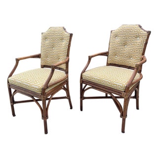 Late 20th Century Palecek Pavilion Custom Upholstered Armchairs, a Pair, Greek Key, Rattan For Sale