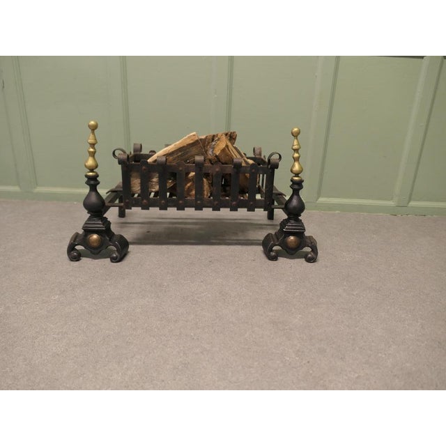 19th Century Inglenook Fire Grate on Andirons This is a heavy hand Forged Iron Log Grate it is supported on a Pair of...