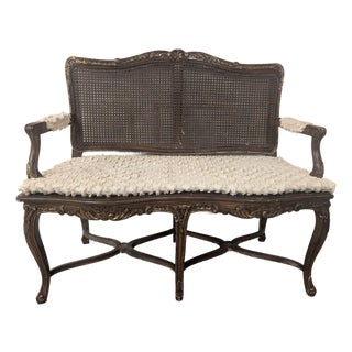 Vintage French Louis Style Cane Back Bench Settee With Carved Wood Frame For Sale
