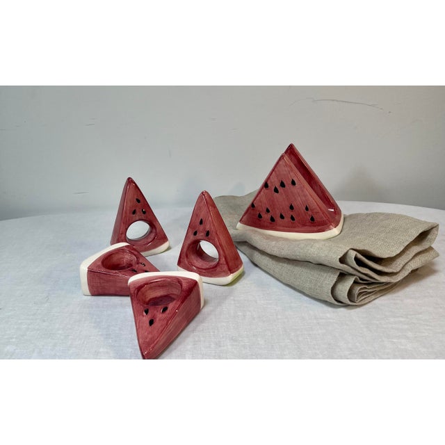 1980’s Trompe-l'Oeil Ceramic Watermelon Wedge Napkin Rings and Holder- Set of 5 For Sale - Image 4 of 9