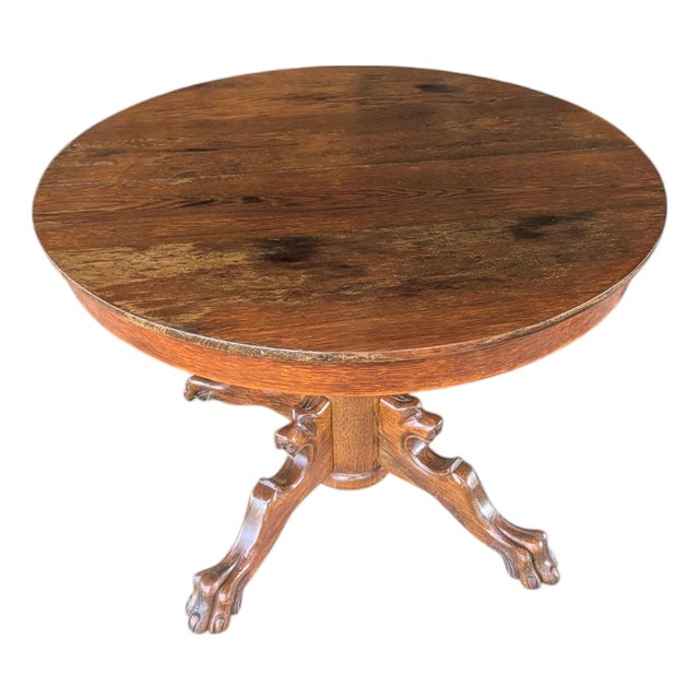 Antique Carved Oak Lion Head Pedestal Dining Table With 3 Leaves - 42" to 69" For Sale