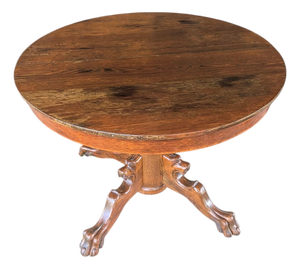 Antique Carved Oak Lion Head Pedestal Dining Table With 3 Leaves - 42" to 69"