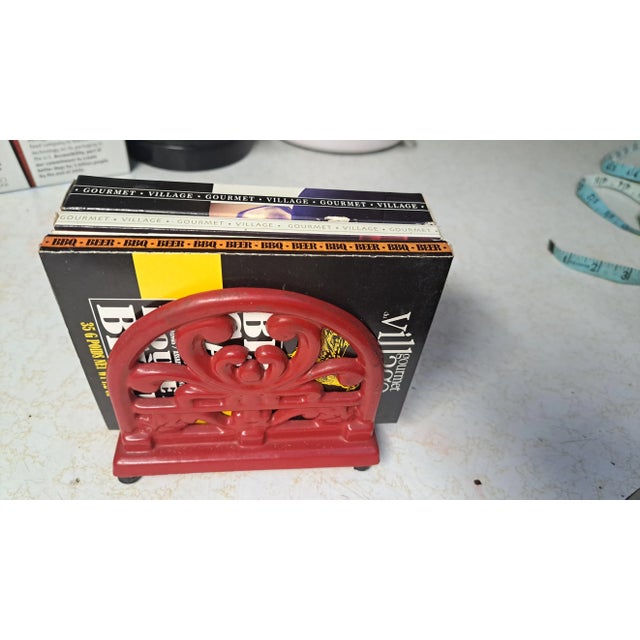modernVintage 1990s Red Enamel Cast Iron Napkin Holder For Sale - Image 9 of 11