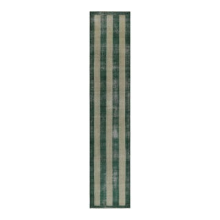 Vintage Distressed Runner Rug, Beige and Green Horizontal Stripes - Rug & Kilim For Sale
