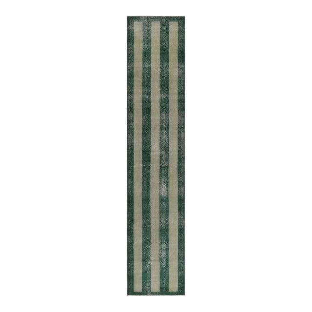 Vintage Distressed Runner Rug, Beige and Green Horizontal Stripes - Rug & Kilim For Sale