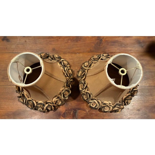 Late 20th Century Hollywood Regency Gilt Tole Vine Lamp Pair With Rose Petal Shades - a Pair For Sale - Image 4 of 7