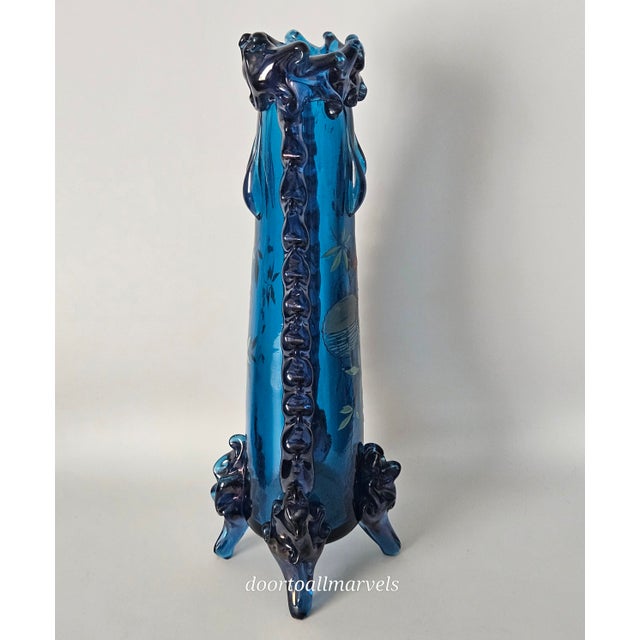 Auguste Jean Antique Blue Footed Vase Art Nouveau Enamel Paint Berries Tall 12" For Sale - Image 4 of 17