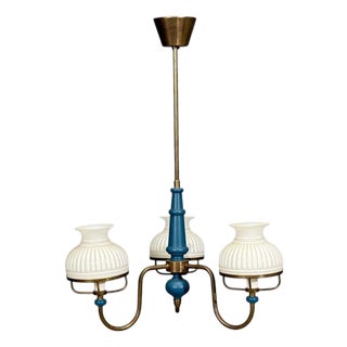 1940s Swedish Modern, Pendant Light, Blue Lacquered Wood, Glass, Brass For Sale