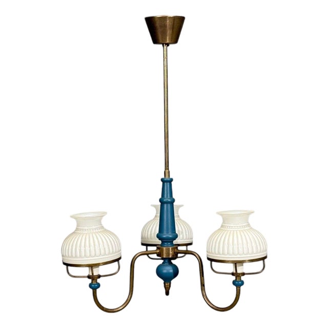 1940s Swedish Modern, Pendant Light, Blue Lacquered Wood, Glass, Brass For Sale