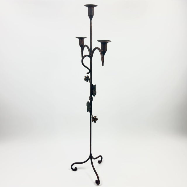 Black Hand Forged Iron Floor Candelabra 48.5″ (123cm) Antique Copper Patina 3-Arm Balanced Scroll Candle Holder Rustic Decor For Sale - Image 8 of 8