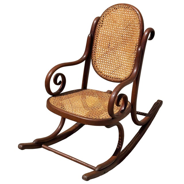 Victorian Antique Vienna Secession Bent Oak & Cane Scrolling Children Sized Rocking Chair, Thonet For Sale - Image 3 of 7