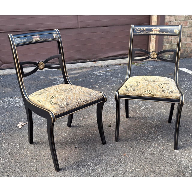 Black Late 20th Century Black Lacquer Chinoiserie Klismos Regency Style Dining Chairs Attributed to Drexel - Set of 6 For Sale - Image 8 of 18