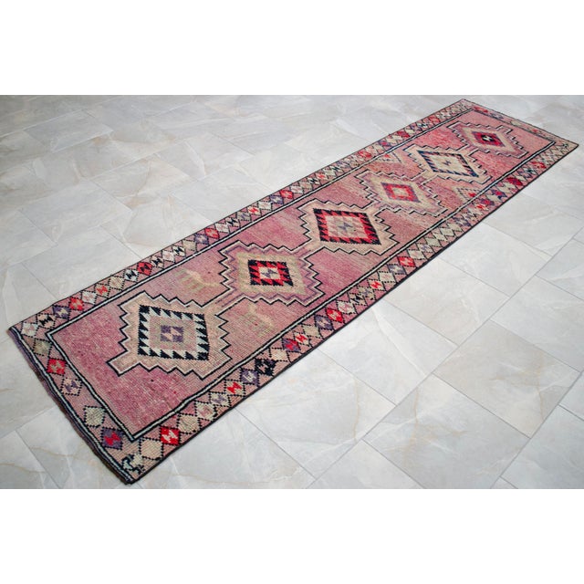 Textile 1960s Runner Rug Turkish Hand-Knotted Rug Pink Hallway Decor Kitchen Runner 3x10 Ft Approx For Sale - Image 7 of 14