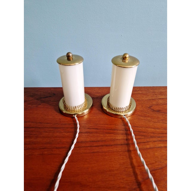 Mid-Century Modern Bedside Lamps in Brass and Cream Opaline Glass, 1950, Set of 2 For Sale - Image 15 of 16