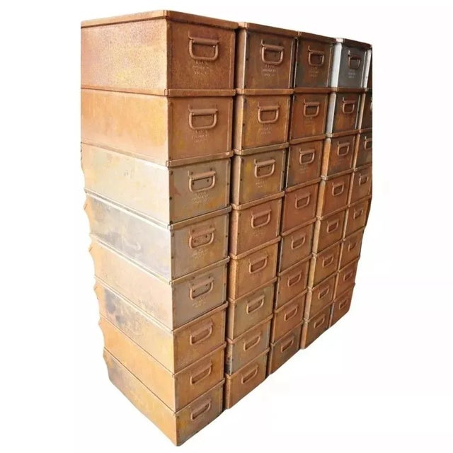 Vintage Lyon Aurora IL Steel Metal American Industrial 23" Stackable Storage Bin. Circa Mid 20th Century. Measurements: 8"...