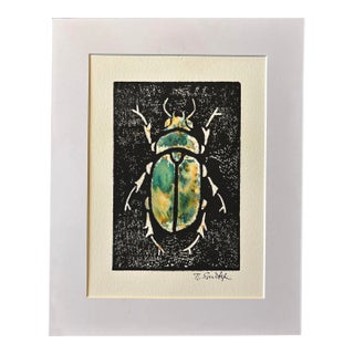 Original Hand-Carved Linocut Beetle With Watercolor - Verdigris Variant For Sale