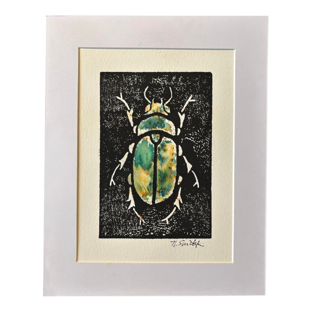 Original Hand-Carved Linocut Beetle With Watercolor - Verdigris Variant For Sale
