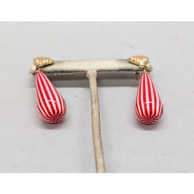 1970s Vintage 1970s Signed Crown Trifari Red Striped Glass Drops Pierced Earrings - 2 Pieces For Sale - Image 5 of 7