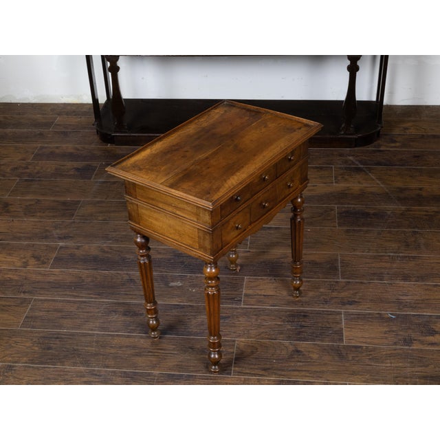 French 19th Century Walnut Side Table with Tray Top, Fluted Legs and Six Drawers For Sale - Image 10 of 12