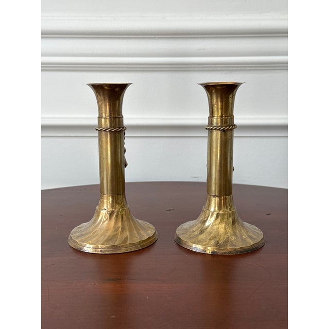 Hollywood Regency 1970s Solid Brass Candle Holders Rope and Tassel Design — A Pair For Sale - Image 3 of 11