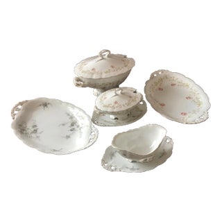 Boho Chic Antique French Porcelain Soup Tureen Serving Set- 5 Pieces For Sale