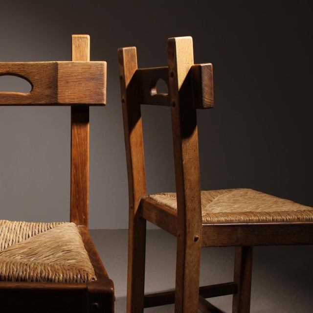 Brutalist Oak & Rush Chairs, Europe, 1960s For Sale - Image 10 of 17