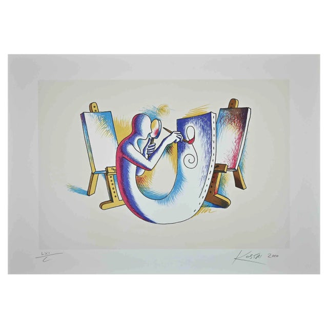 Mark Kostabi, The Painters Atelier, Original Lithograph, 2000 For Sale