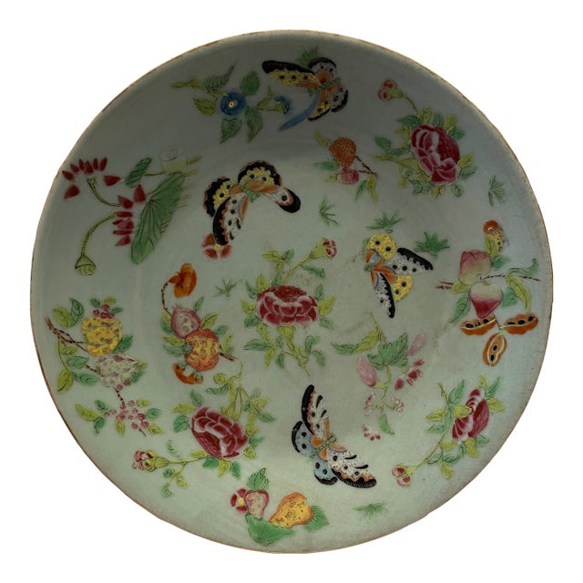 Antique Chinese Celadon Famille Rose Butterfly Plate For Sale