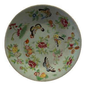 Antique Chinese Celadon Famille Rose Butterfly Plate