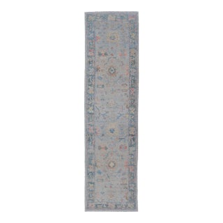 Hand Knotted Modern Oushak Runner on Light Gray Field and Colorful Motifs For Sale