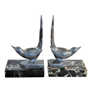 Antique Pair of J. B. Hirsch Bird Bookends Metal on Marble Base For Sale
