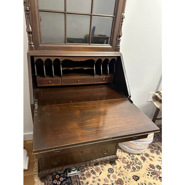Wood Antique Mahogany Secretary Desk With Arched Glass Cabinet For Sale - Image 7 of 8